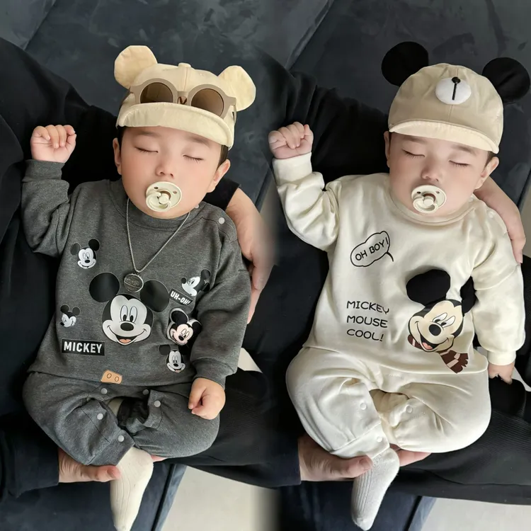 2025春新品潮款卡通连身衣男女宝A棉柔软米奇哈衣爬服