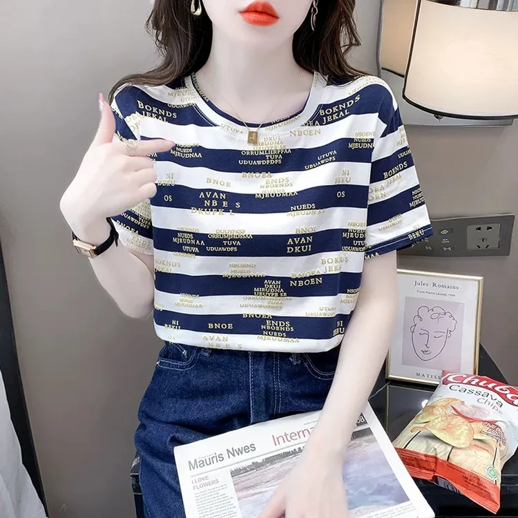 短袖碎花流光风薄款2025夏季半袖显瘦穿搭洋气修身条纹t恤女短袖