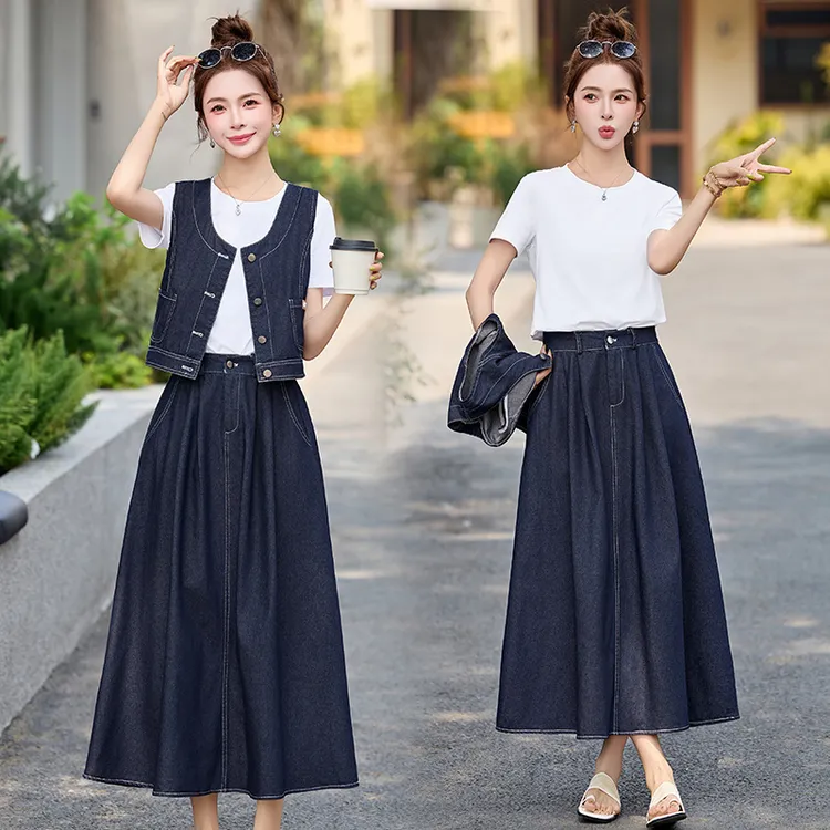 韩版时尚气质休闲洋气牛仔马甲半身裙三件套显瘦一整套夏季爆款