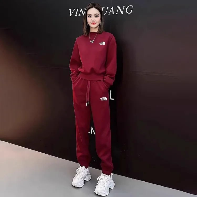  红色休闲运动套装女秋冬2025新款洋气减龄加绒卫衣卫裤两件套潮