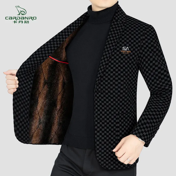 卡丹路高档格子西装外套男秋冬新款中青年男休闲西服上衣爸爸装帅