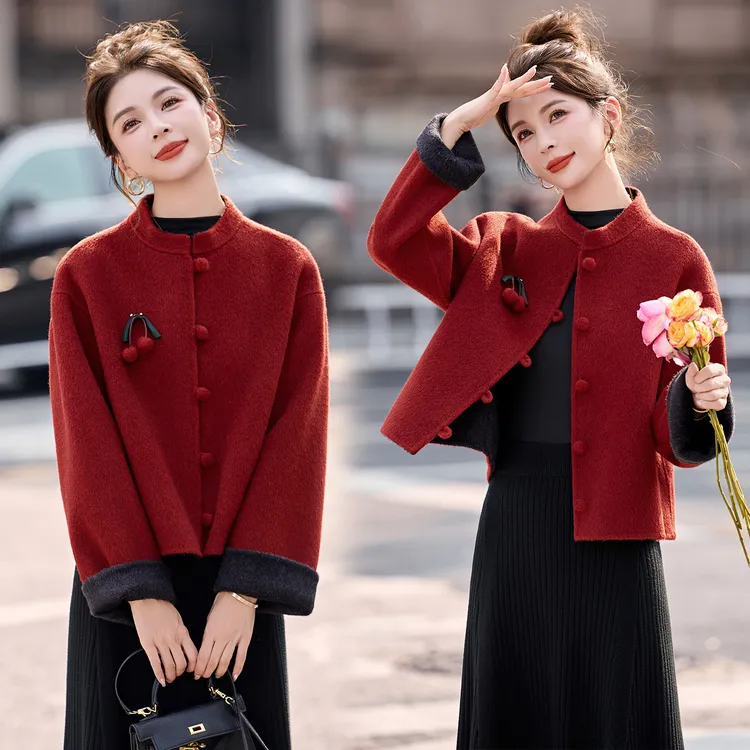 高品质羊毛大衣妈妈2025新款红色喜庆中老年喜婆婆婚宴双面呢外套