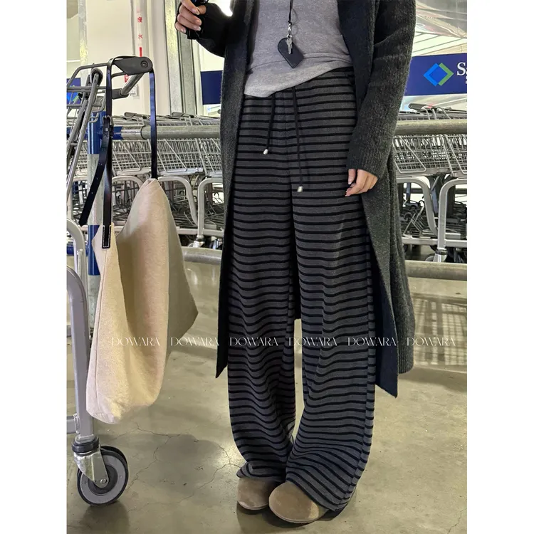 大婉酱微胖定制【巴赫G弦乐】慵懒风条纹加绒加厚百搭休闲裤子0342D