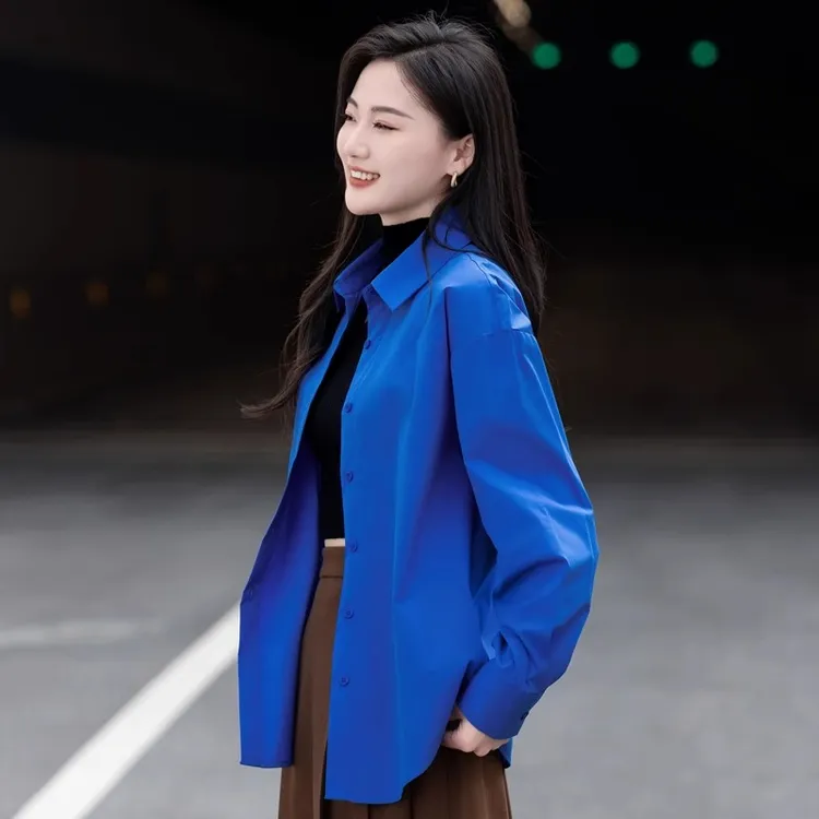 女士衬衫长袖上衣女2025新款秋季克莱因蓝衬衣女洋气小衫外套