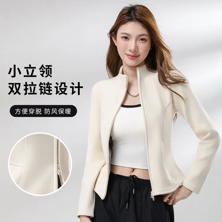2025秋冬新款小蛮腰瑜伽双拉链立领鱼骨腰线抓绒时尚衣修身外衣
