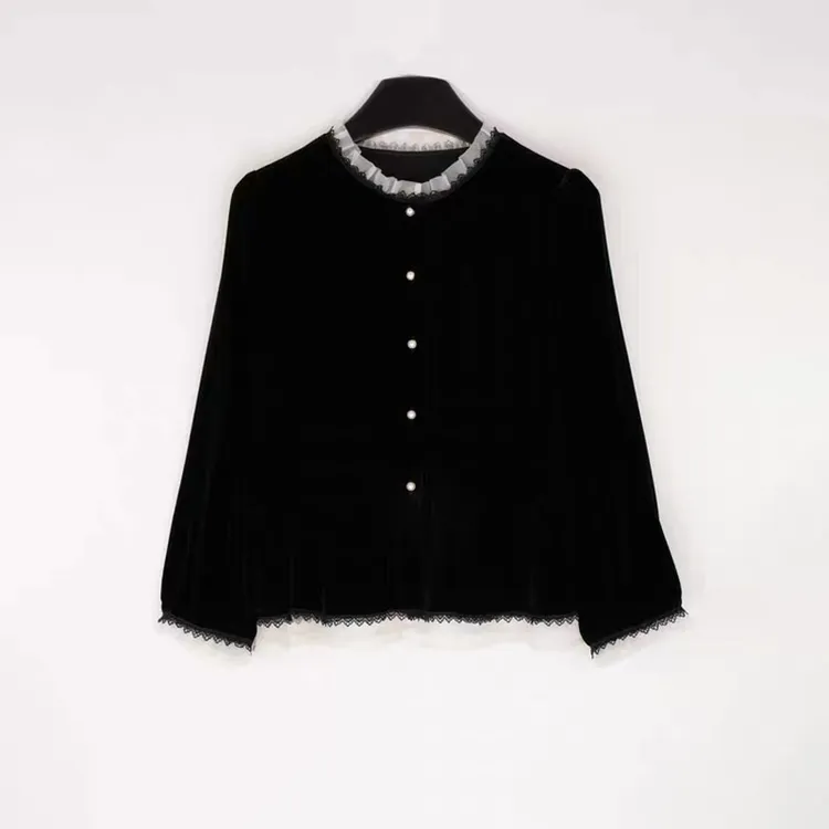 【F·J】丝绒桑蚕丝开衫女上衣圆领花边长袖真丝小外套TJMCFSY1019