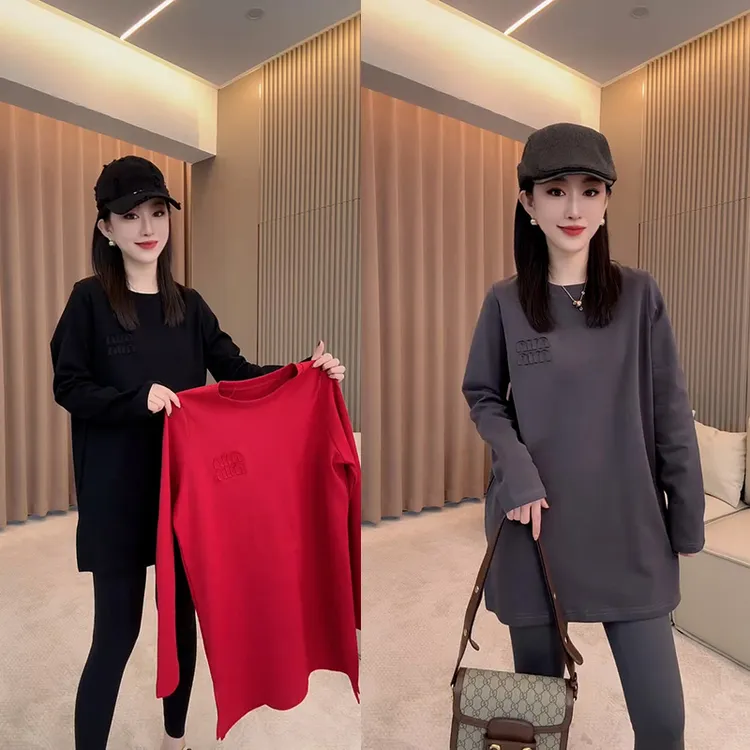 开叉中长款卫衣女2025秋冬新款韩版圆领刺绣字母宽松显瘦长袖上衣
