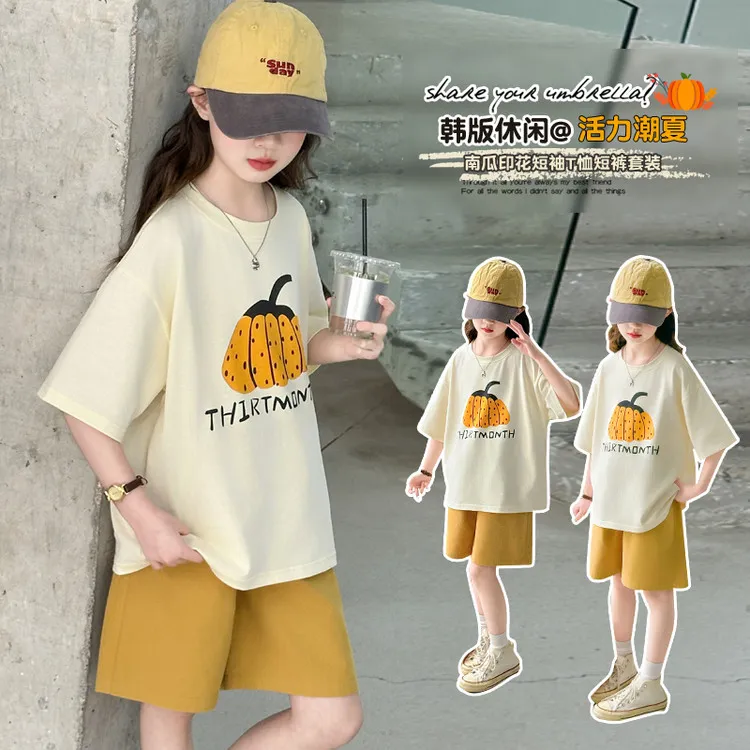 女童夏季套装2025新款洋气儿童短袖休闲短裤宽松女大童时髦两件套