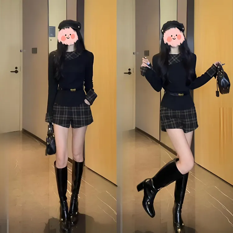 【双11好物】2025秋冬新款设计感拼接针织上衣百搭显瘦格子短裤套装