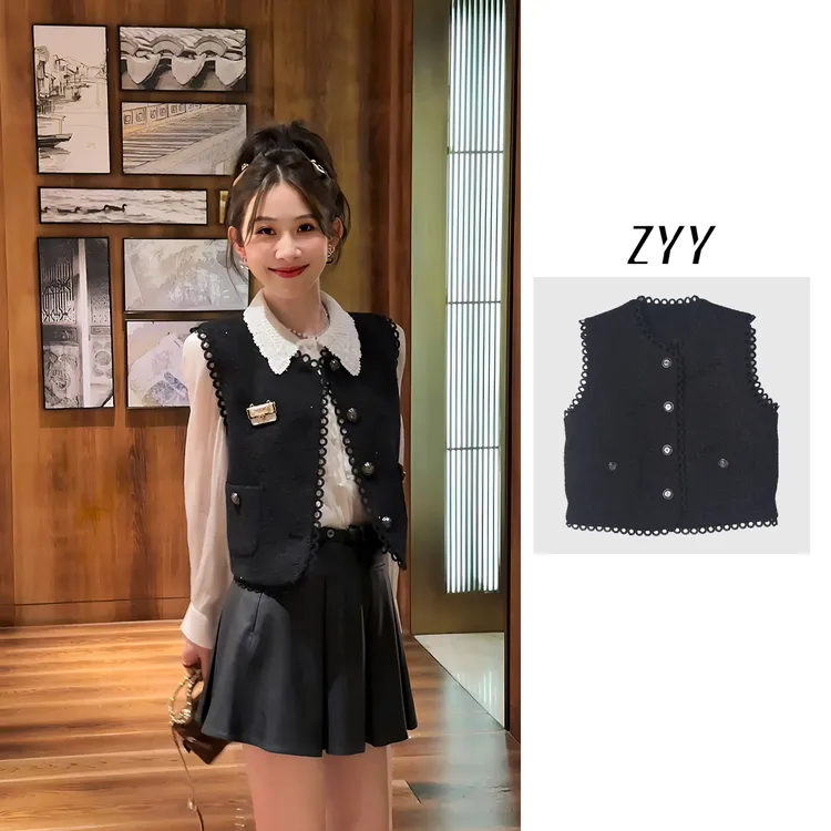 ZYY【名媛流光】2025/S新品黑闪设计蕾丝花边香风马夹女X25QMJ03834