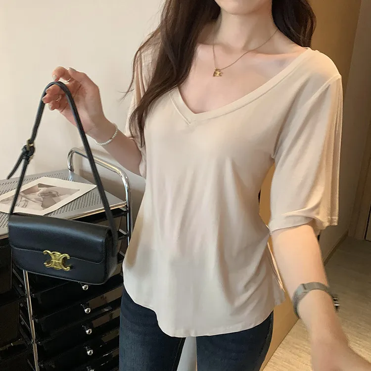 夏季显瘦纯色v领休闲百搭中长款遮屁股宽松短袖t恤A4