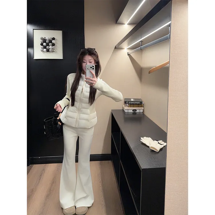 【小腰精】时尚保暖收腰显瘦棉服女毛衣拼接白色显瘦长裤套装23152#
