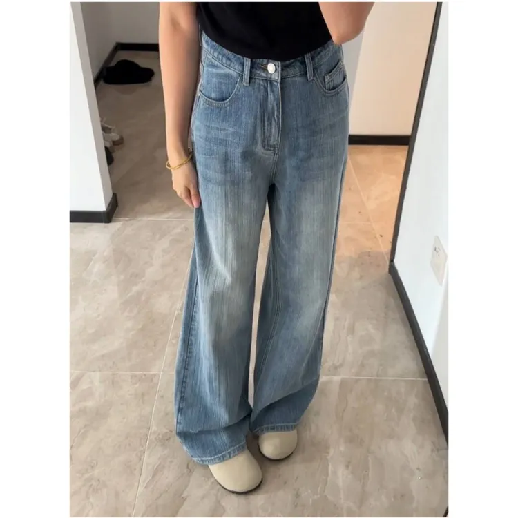 美式复古浅蓝阔腿牛仔裤女2025春夏新款竹节纹宽松垂感直筒拖地裤