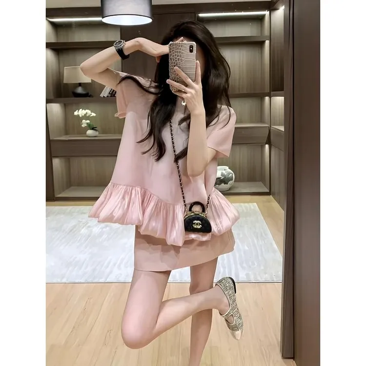 2025春季新款独特超好看法式甜美减龄小个子褶皱短袖百搭半裙套装