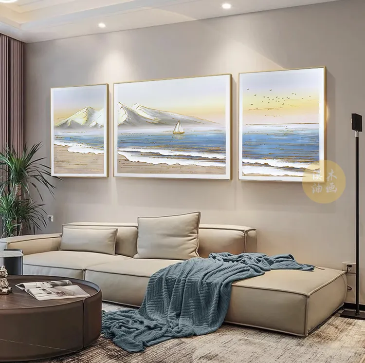 海浪三联 手绘油画轻奢沙发背景装饰画三联现代简约挂画