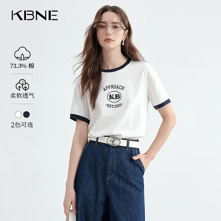 KBNE短袖女款爆款2025新款夏季印花学院风撞色休闲衣服女慵懒风