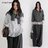 CHACHASTU【衣橱】多层木耳边裙摆设计 叠穿出片淡条纹衬衫H4332W