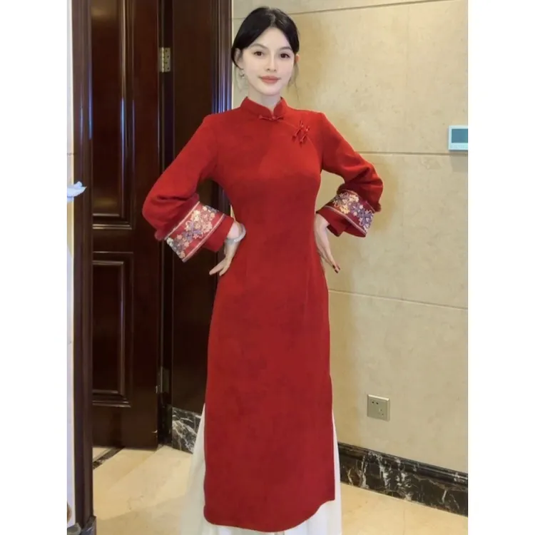 球球夫人丨红玉）120cm冬季加绒长袖后拉链红色单层显白复古旗袍