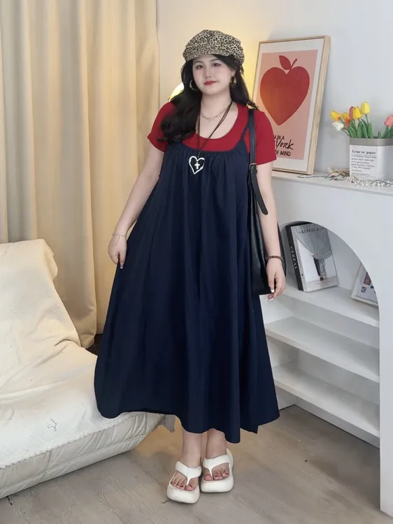 韩系穿搭洋气套装女夏季复古遮肚子显瘦吊带连衣裙短袖T恤套装