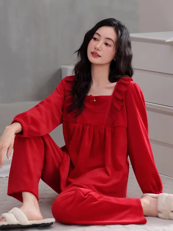结婚睡衣女新娘秋冬季海岛绒加厚珊瑚绒红色本命年公主风大码套装
