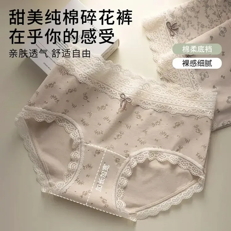 内裤女款纯棉2025新款全棉抗菌加长裆中腰蕾丝碎花少女士三角短裤