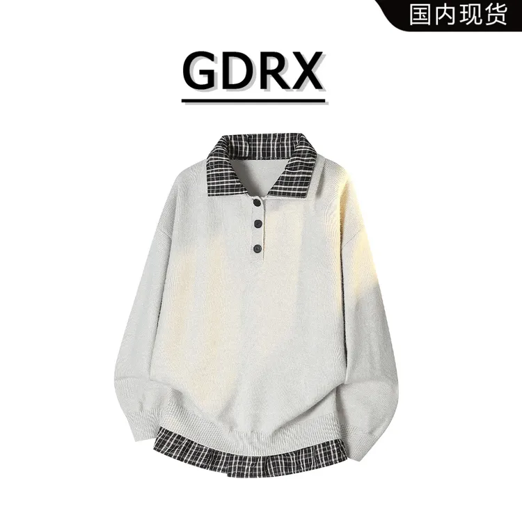 GDRX学院风翻领假两件毛衣男秋冬时尚拼接设计感上衣轻奢男生衣服