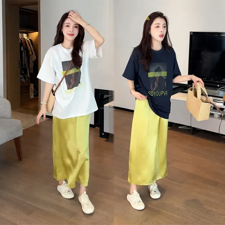 夏日2025超火一整套宽松时尚大版T字母印花上衣显瘦松紧半身裙女