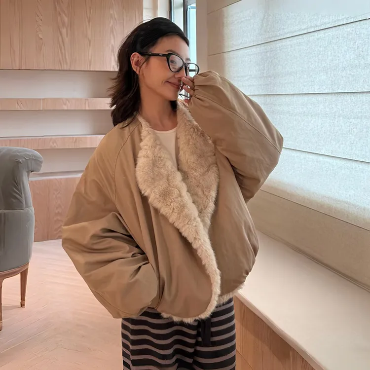 双面穿人造小湖羊欧貂绒毛毛外套保暖长袖宽松型灯笼袖厚款短外套