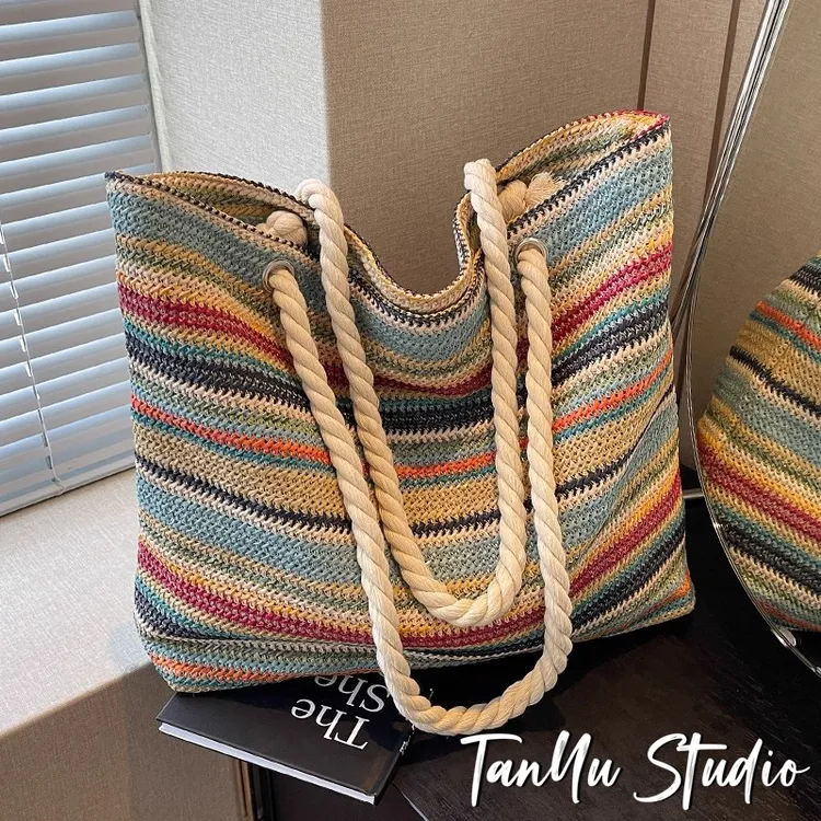 探屿大容量草编包2025款夏季百搭单肩通勤托特包包海边度假沙滩包