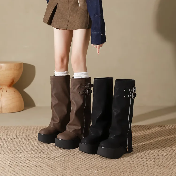 秋季长筒女小个子裤管单里骑士厚底增高胖MM百搭长筒棕色靴子