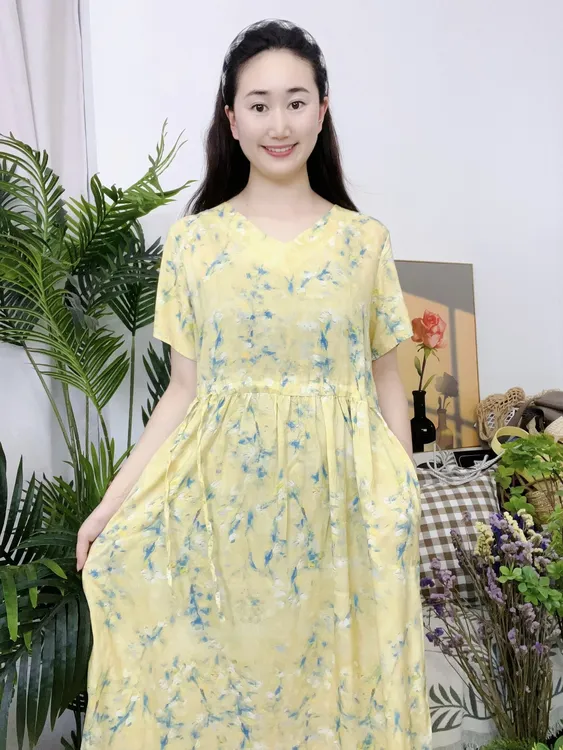 高档时尚百搭连衣裙宽松显瘦中长款超博凉快透气棉绸大摆系带裙子