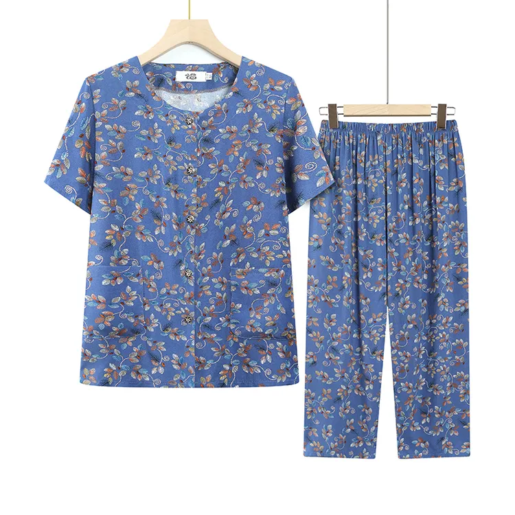 中老年人夏装套装女妈妈短袖棉绸开衫老人衣服奶奶老太太两件套