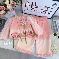T3【悦禾】秋款上新粉色甜美秋季长袖儿童女宝牛仔小花时尚套装7530