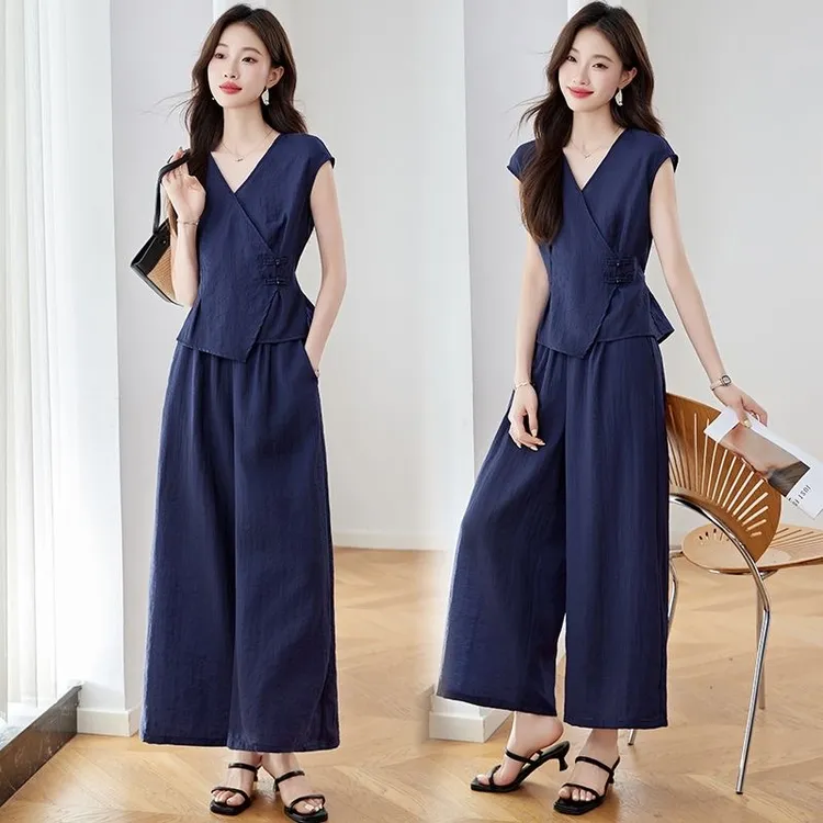 时尚气质套装夏季2025新款韩版国风显瘦洋气阔腿裤休闲两件套装