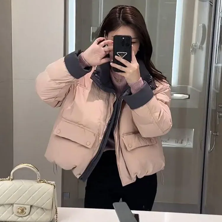 气质减龄粉色假两件棉衣外套女冬季小个子宽松加厚防寒长袖面包服