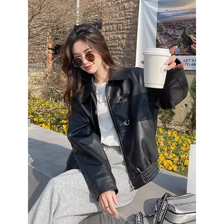 黑色机车皮衣女洋派小个子2025春秋新品时尚复古皮夹克学生短外套