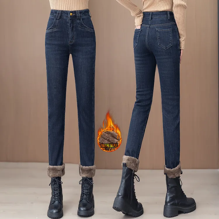 2025冬季加绒保暖小脚裤高腰显瘦厚款弹力修身百搭长裤牛仔裤女