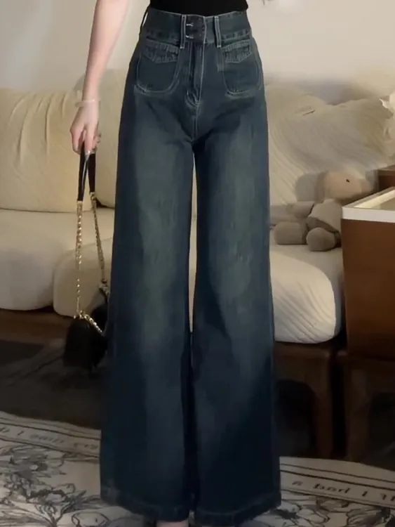 美式复古高腰阔腿牛仔裤女春季梨形身材显瘦垂感宽松直筒拖地裤子