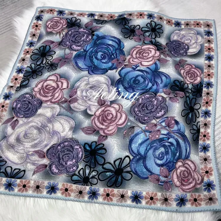 奥汀 蓝色妖姬 丝光澳毛定制花边65*65cm30%桑蚕丝70%羊毛中方巾