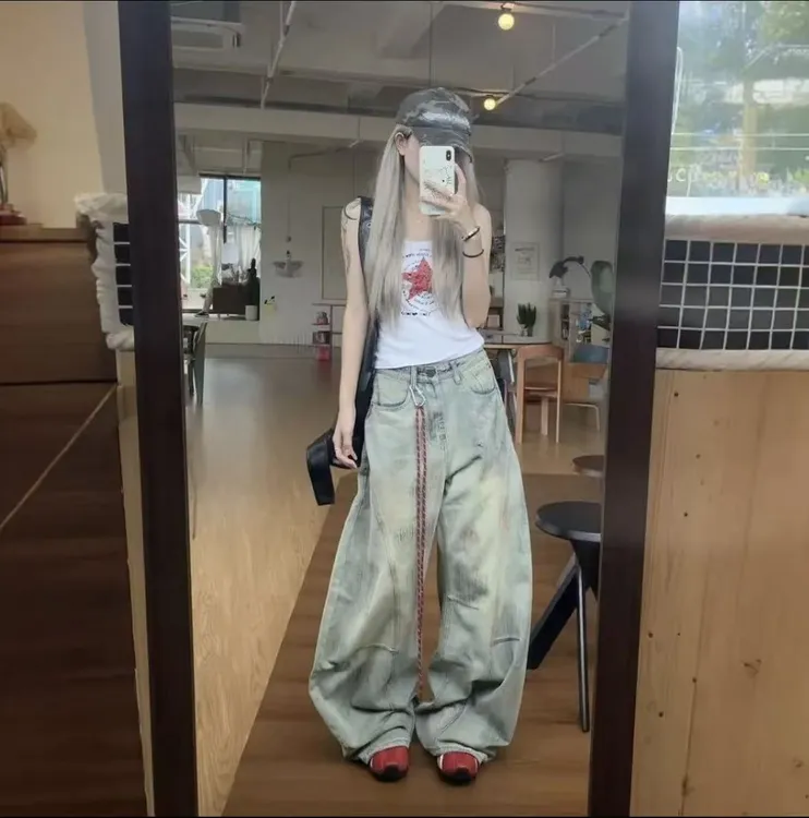 【现货+运费险+送挂绳】脏染做旧牛仔裤女设计宽松弯刀阔腿高腰拖地