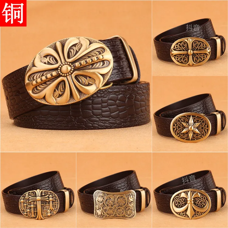 复古纯铜扣皮带男士真皮牛仔腰带男个性中青年轻小伙发型师裤带潮