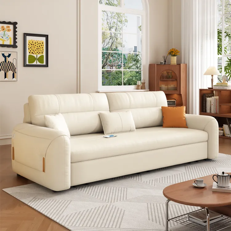 意式沙发床折叠两用2025新款奶油风小户型真皮多功能客厅书房伸缩
