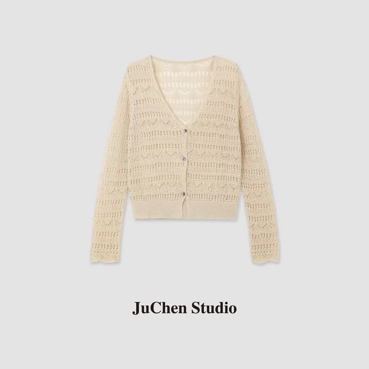 “温柔写意”法式度假风镂空钩花V领春夏针织棉麻小衫SS108003-24