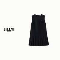 JILLYI【学院篇章】藏蓝色圆领袖口拼接中长款连衣裙气质时尚
