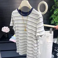 夏季新款修身条纹T恤时尚短款通勤常规条纹短袖百搭休闲风