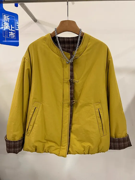 拼接格子牛角扣圆领棉服外套女欧货秋冬新款加厚保暖棉袄夹克上衣