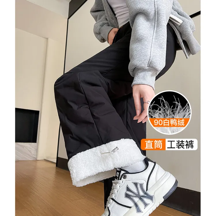 白鸭绒直筒羽绒裤女外穿冬季2025新款高腰防寒羊羔毛拼接滑雪棉裤