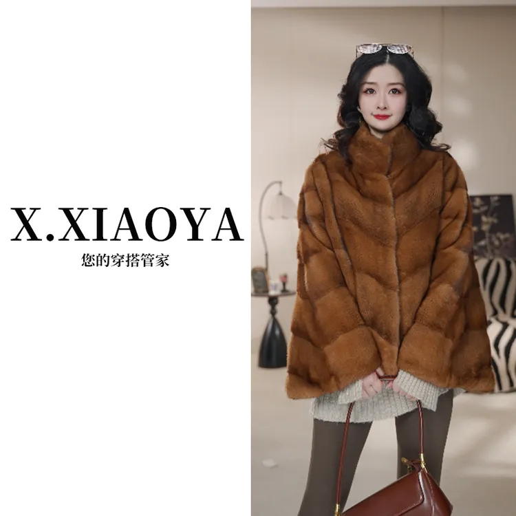 【小雅精选】2025新款  斜排工艺喇叭袖宽松水貂小母貂皮草外套短款