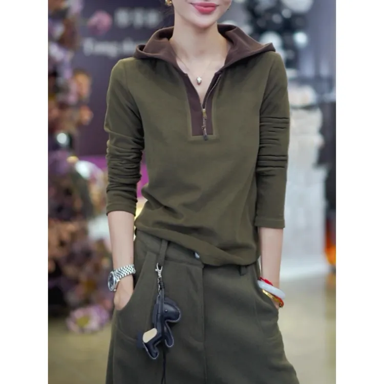 军绿色连帽长袖t恤女秋冬2025新款半拉链帽衫上衣磨毛打底衫内搭