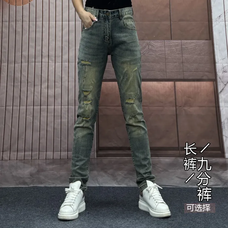 春夏季薄款男士高端破洞牛仔裤修身小脚裤破洞韩版九分裤/长裤男